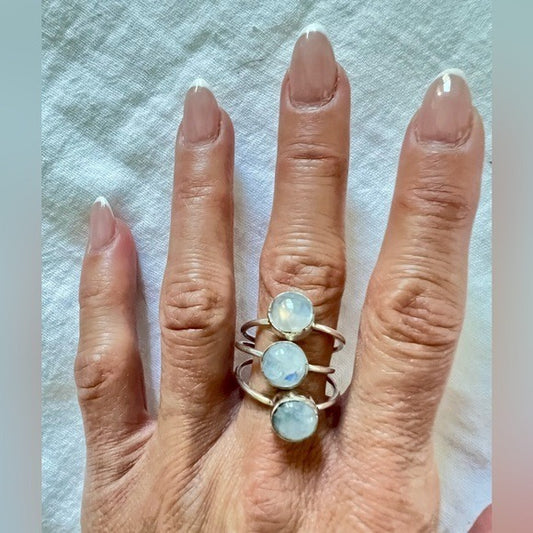 925 Triple Ring! Rainbow Flash Moonstone Connector Ring sz 9.25