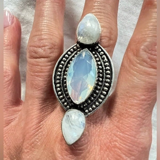 925 WOW WOW! Rainbow Flash Moonstone + Opalite Long Ring 8.75 9