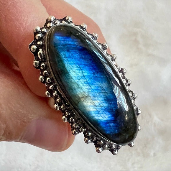 925 Ombré BLUE Flash Labradorite Ring 5.75