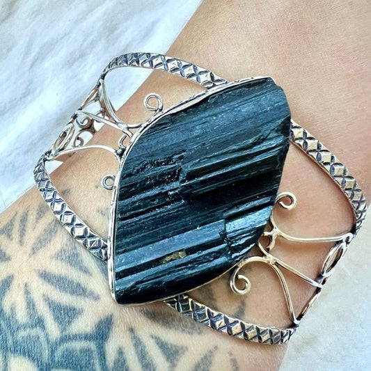 925 Earthy Raw BLACK TOURMALINE Cuff Bracelet