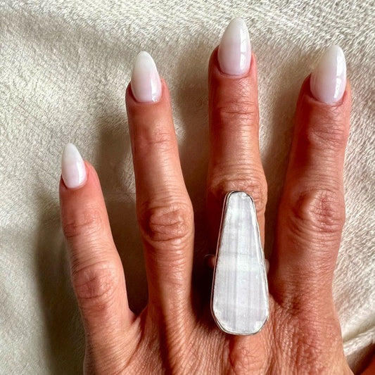 925 Raw Selenite Crystal Charge Coffin Ring 7.75