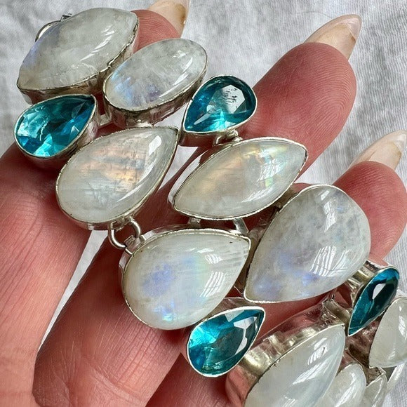 925 GODDESS Chunky Rainbow FLASH MOONSTONE + Blue Topaz Bracelet