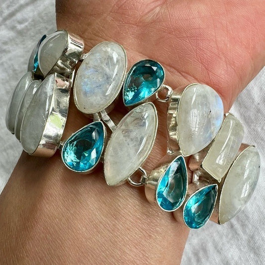 925 GODDESS Chunky Rainbow FLASH MOONSTONE + Blue Topaz Bracelet