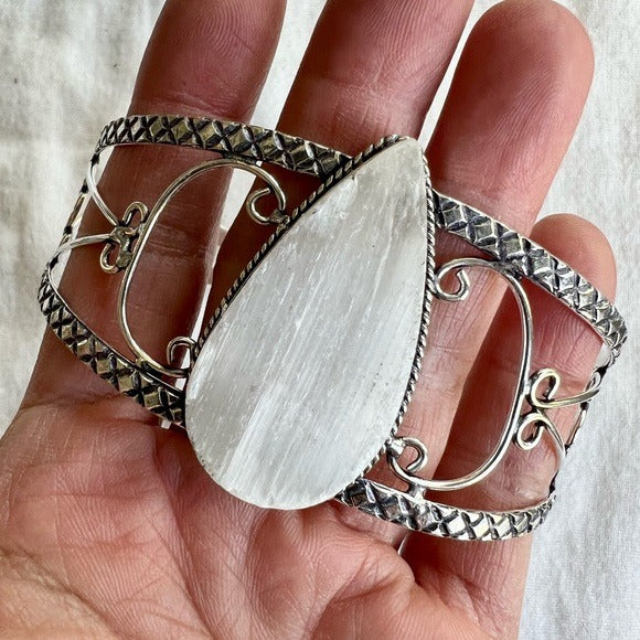 925 Crystal Charger Raw Selenite Cuff Bracelet