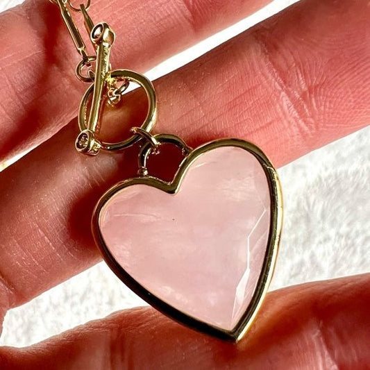 14k Gold Plated Rose Quartz ❤️ Heart Toggle Necklace Pendant