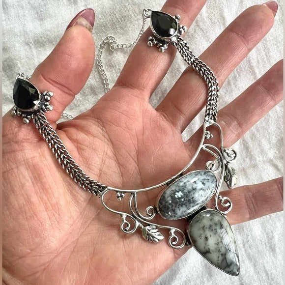 925 Ornamental Double Dendritic Agate Necklace Pendant