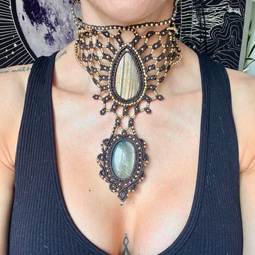 HIGH PRIESTESS Double Flash Labradorite + Hemp Goddess Statement Necklace