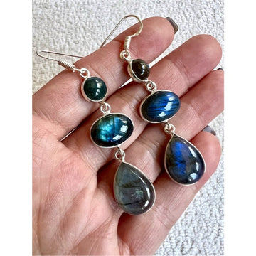 925 Mystic Blue Flash Labradorite Triple Drop Earrings