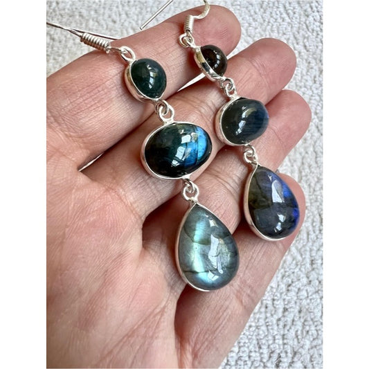 925 Mystic Blue Flash Labradorite Triple Drop Earrings