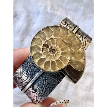 925 Past Lives AMMONITE Fossil Embossed Cuff Bracelet