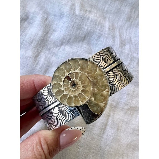925 Past Lives AMMONITE Fossil Embossed Cuff Bracelet