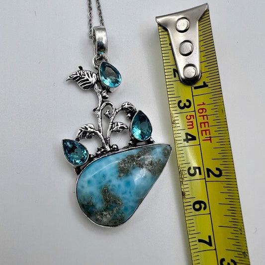 925 Nature Inspired Larimar + Blue Topaz Necklace Pendant