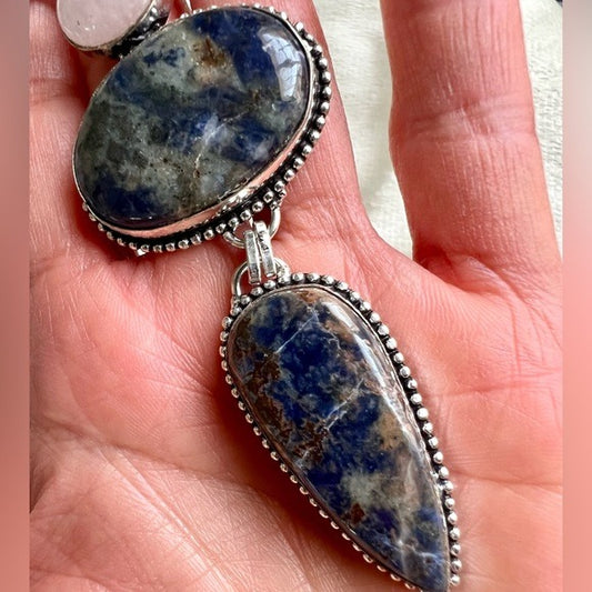 925 MASSIVE! Spiritual Sodalite + Rose Quartz Pendant Necklace