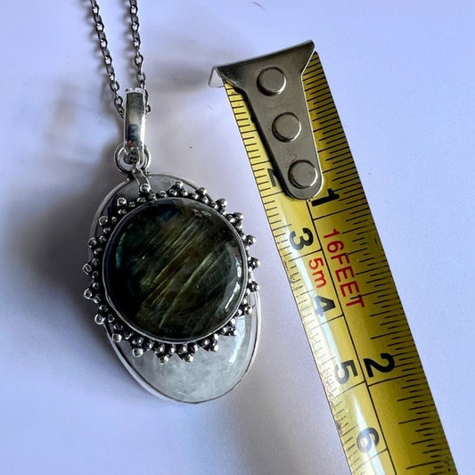 925 INSANE FLASH Labradorite on Moonstone w/ Black Tourmaline! pendant Necklace