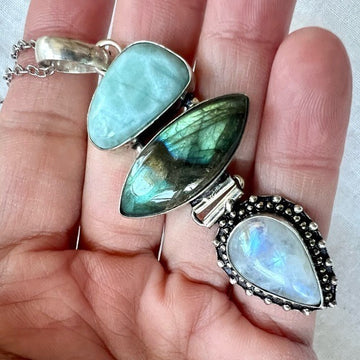 925 WOW! Larimar + Flash Labradorite + Moonstone Pendant Necklace