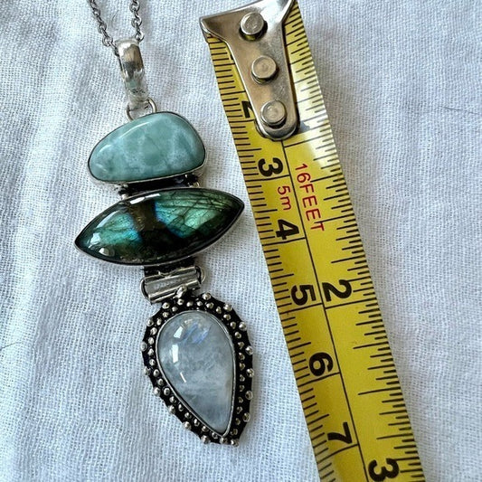 925 WOW! Larimar + Flash Labradorite + Moonstone Pendant Necklace