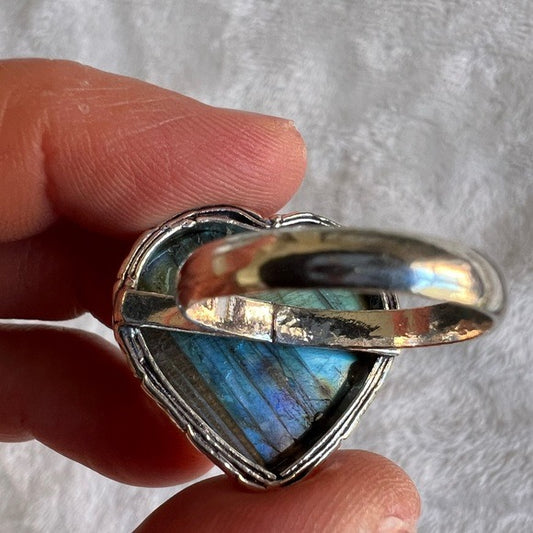 925 Aqua Blue Flash Labradorite ❤️ Heart Ring 9.5