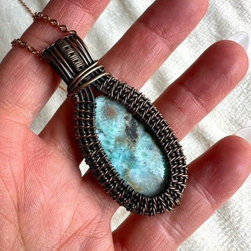 Copper Wire Wrapped Caribbean Larimar Pendant Necklace