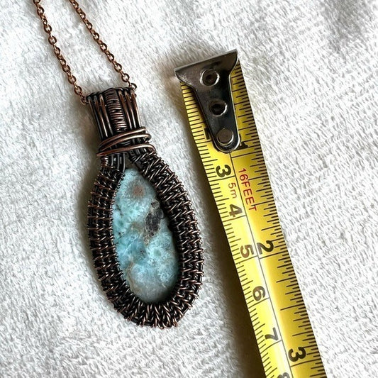 Copper Wire Wrapped Caribbean Larimar Pendant Necklace