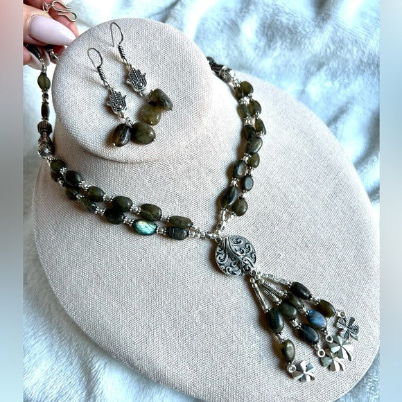 925 LUCKY! 2 Piece Set! Clover Labradorite Necklace & Earring Set