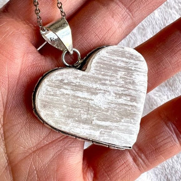 925 Raw Selenite Crystal Charge ❤️ Heart Pendant Necklace