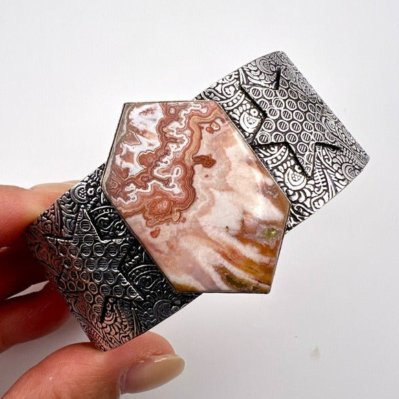 925 Crazy Lace Agate Embossed Cuff Bracelet