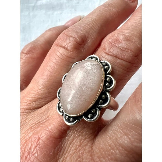 925 Peach Moonstone Flower Ring 9.75