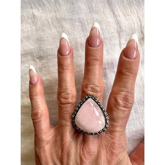 925 Chunky ROSE QUARTZ Teardrop Ring 7.25