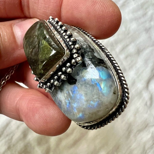 925 SUNSET Flash! Layered Labradorite on Moonstone w/ Black Toirmaline! necklace
