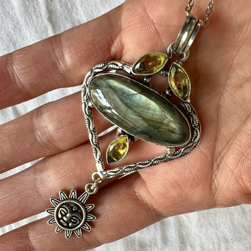 925 Solar Sun Gold Flash Labradorite Necklace Pendant