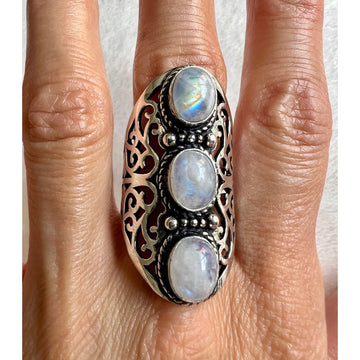 925 Rainbow Flash 3 Stone Moonstone Ring 6.5, 7.25, 8, 9.5