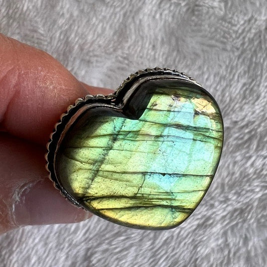 925 GOLD Flash Labradorite ❤️ Heart Ring 7.25