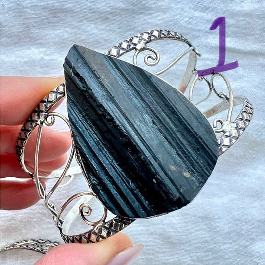 925 Protection RAW Black Tourmaline Teardrop Cuff Bracelet