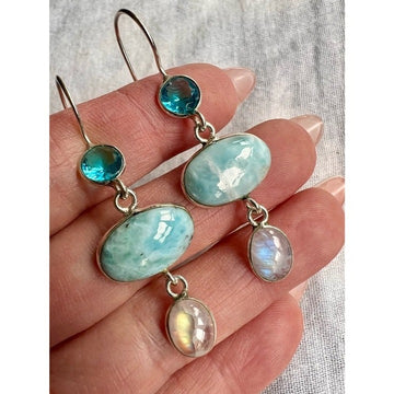 925 OMG! Larimar + Flash Moonstone + Topaz Dangle Earrings