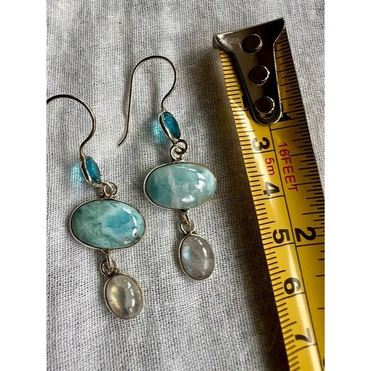 925 OMG! Larimar + Flash Moonstone + Topaz Dangle Earrings