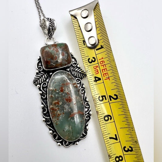 925 Double Boulder Chrysoprase Ornate Necklace Pendant