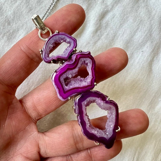 925 Triple Pink Micro Crystal Window Quartz Necklace Pendant