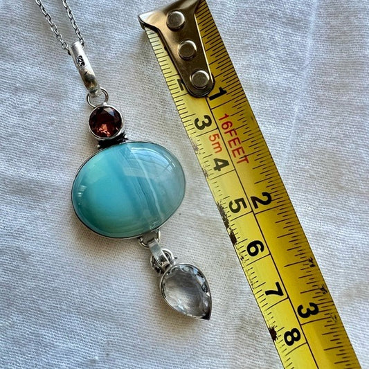 925 Feminine Beautiful! Blue Agate + Topaz Necklace Pendant