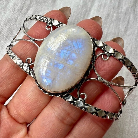 925 Purple Blue Flash Rainbow Moonstone Cuff Bracelet