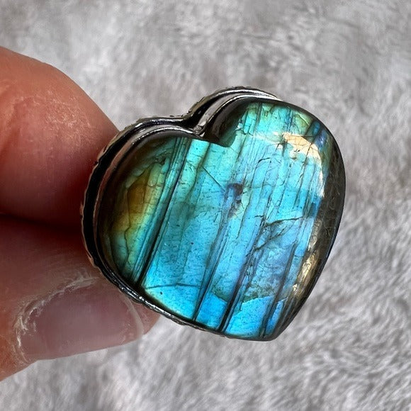 925 Aqua Blue Flash Labradorite ❤️ Heart Ring 9.5