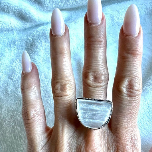 925 Raw Selenite Crystal Charge Ring 6.75