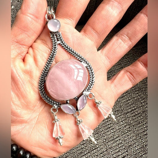 925 Feminine Rose Quartz Chandelier Pendant Necklace