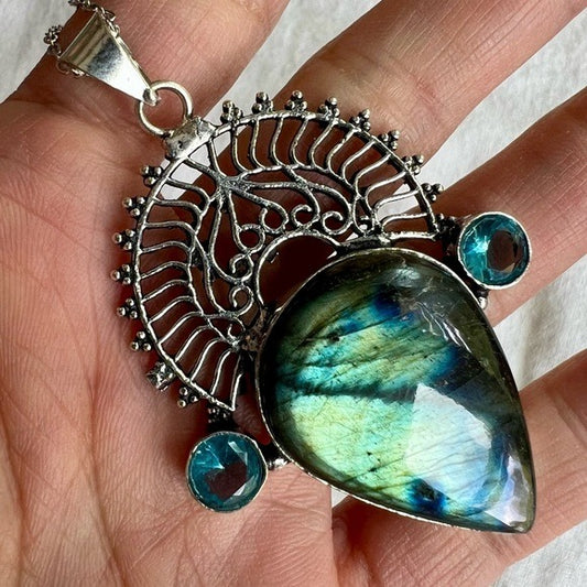 925 Brilliant Flash Labradorite + Topaz Necklace Pendant