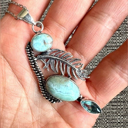 925 Caribbean Larimar + Feather Blue Topaz Necklace Pendant