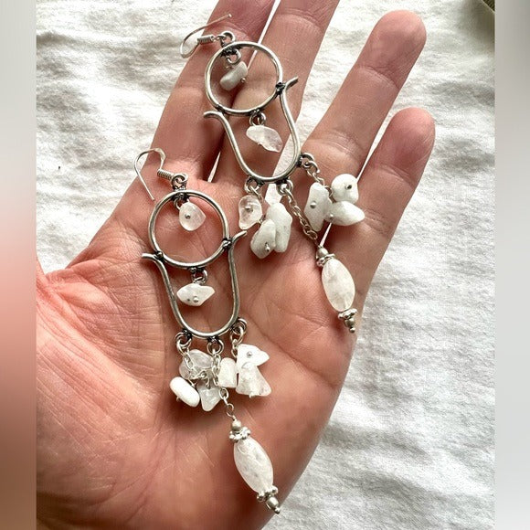 925 Long Milk Moonstone Chandelier Dangle Earrings