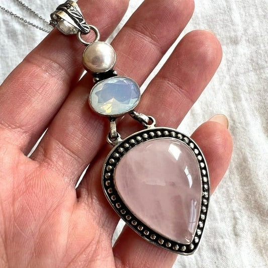 925 Self Love Rose Quartz Opalite + Pearl Necklace Pendant