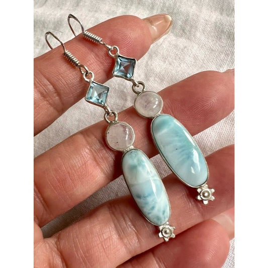 925 SKY BLUE 🩵 Larimar + Moonstone + Topaz 🩵 Earrings