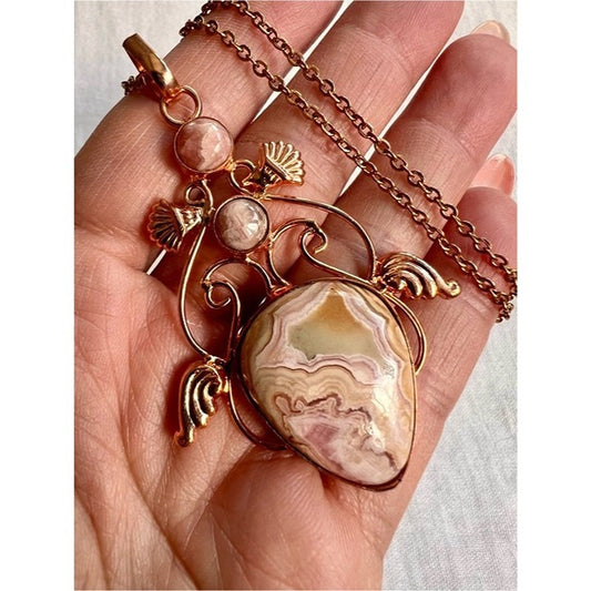 Rose Gold COPPER Crazy Lace Agate Pendant Necklace