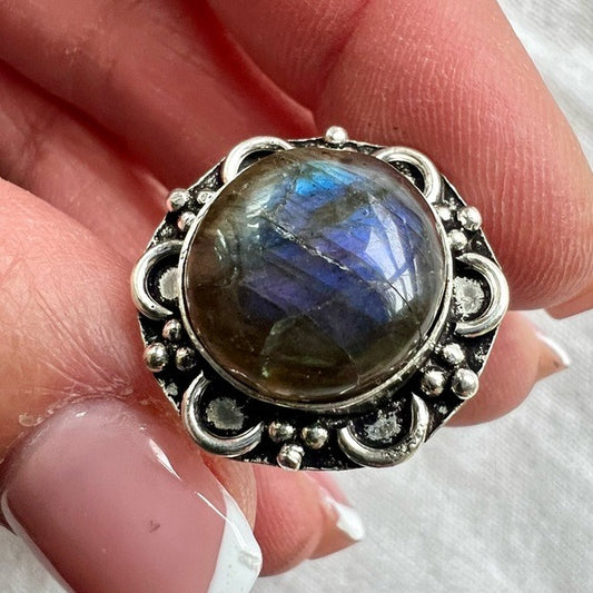 925 Dark Flash Labradorite Flower Ring 9