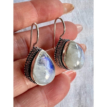 925 Petite Ornate Rainbow Flash Moonstone Drop Earrings